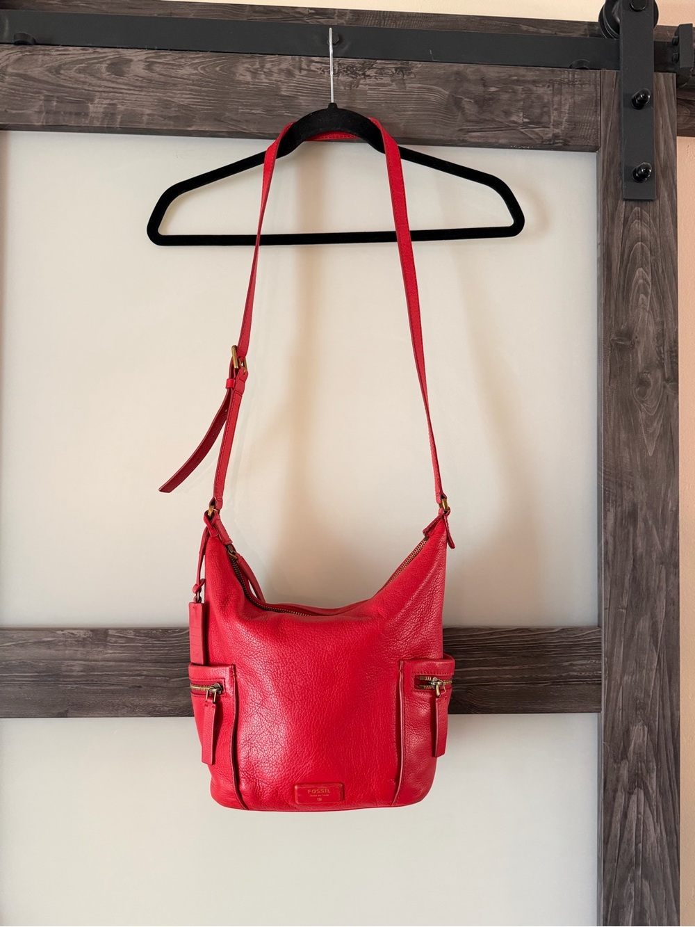 Fossil Red Leather Shoulder Bag with Front Pockets